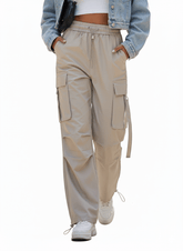 Women's Loose Fit Nylon Cargo Pant with Pocket Straps - Beige - Smgarment's